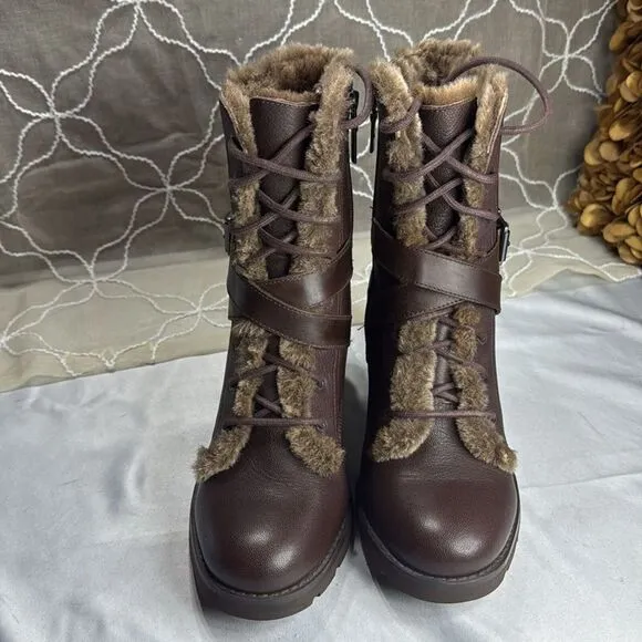 (N8) UGG Ingrid Stout Chunky Block Heel Sheepskin Boots in Brown, Women's Sz 9.5