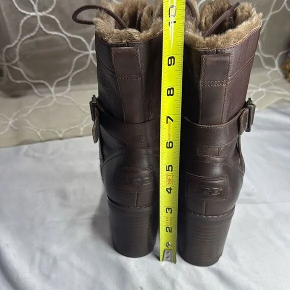 (N8) UGG Ingrid Stout Chunky Block Heel Sheepskin Boots in Brown, Women's Sz 9.5