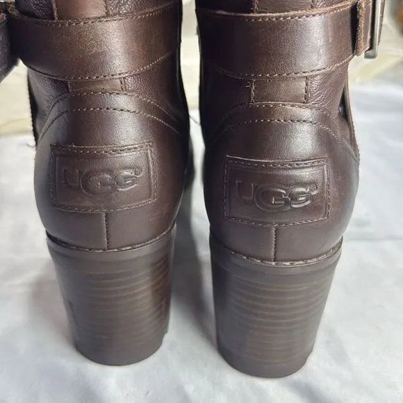 (N8) UGG Ingrid Stout Chunky Block Heel Sheepskin Boots in Brown, Women's Sz 9.5