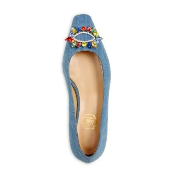 NALEBE Womens Blue Denim Heel Amina Means Square Toe Slip On Ballet Flats 37.5