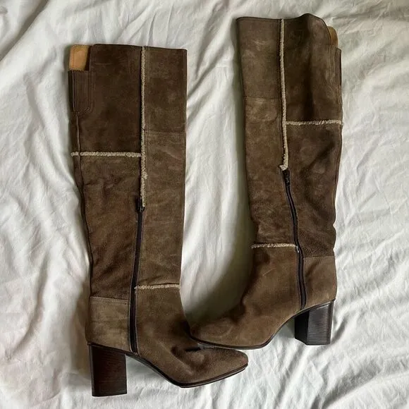 Napoleoni Tan Suede Leather &amp; Shearling Heeled Boots Over the Knee Block Heel 9.