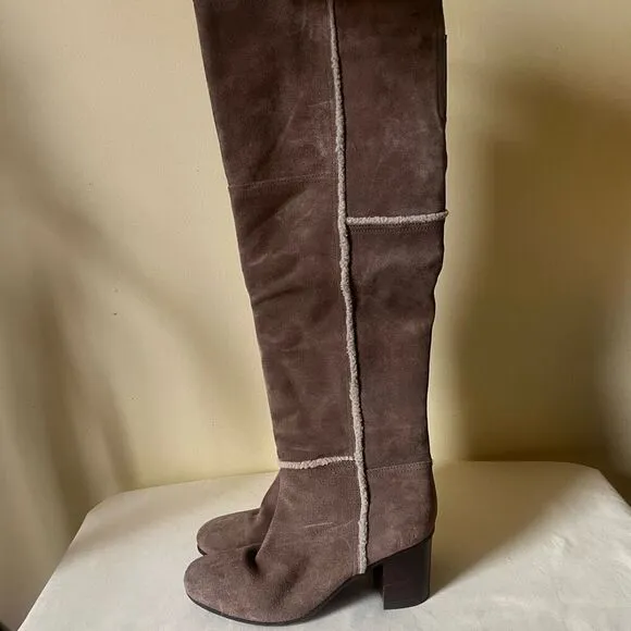 Napoleoni Tan Suede Leather &amp; Shearling Heeled Boots Over the Knee Block Heel 9.