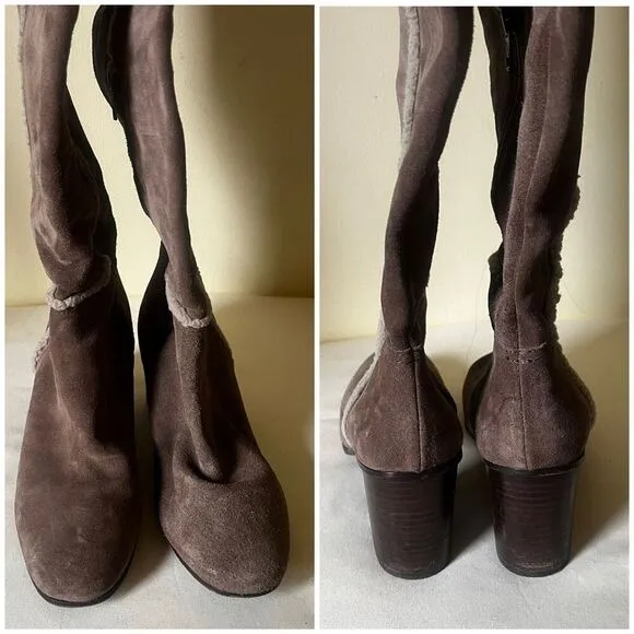 Napoleoni Tan Suede Leather &amp; Shearling Heeled Boots Over the Knee Block Heel 9.
