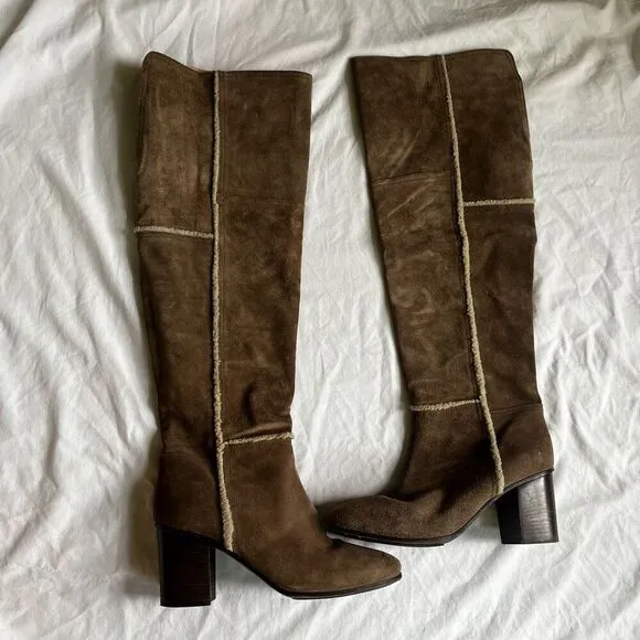 Napoleoni Tan Suede Leather &amp; Shearling Heeled Boots Over the Knee Block Heel 9.