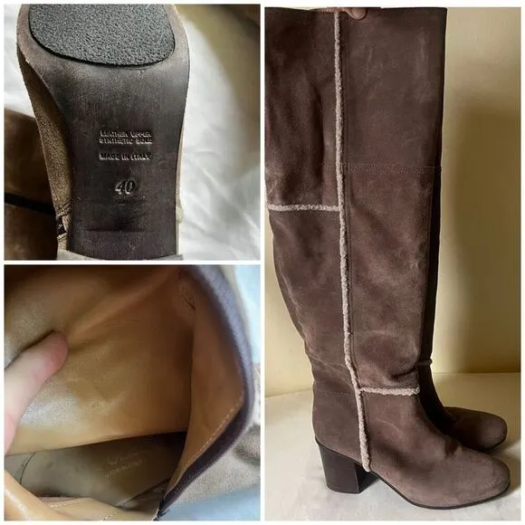 Napoleoni Tan Suede Leather &amp; Shearling Heeled Boots Over the Knee Block Heel 9.