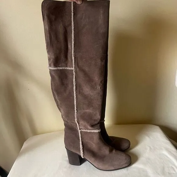 Napoleoni Tan Suede Leather &amp; Shearling Heeled Boots Over the Knee Block Heel 9.