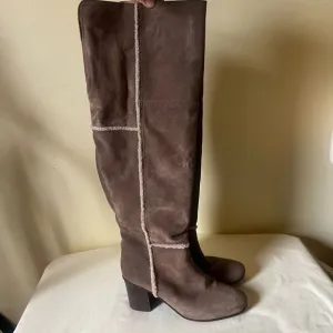 Napoleoni Tan Suede Leather &amp; Shearling Heeled Boots Over the Knee Block Heel 9.