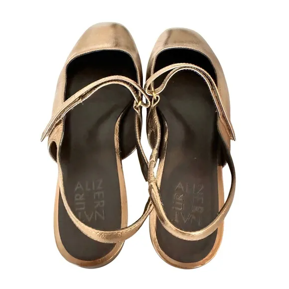 Naturalizer Connie Mary Jane Slingback Flat Sandal Metallic Leather Old Gold 8.5