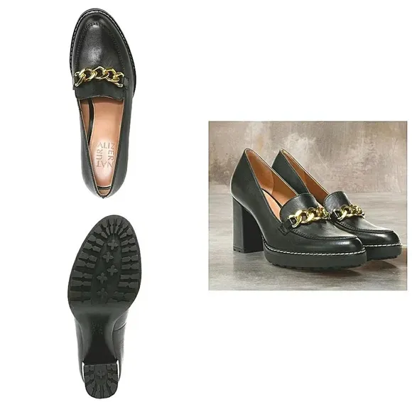 Naturalizer Women 10 Wide Black Leather Chic Platform Chunky Lugsole Loafers