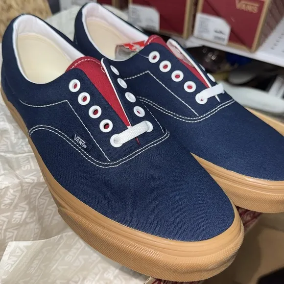 Navy and Red Sneakers with Brown Soles