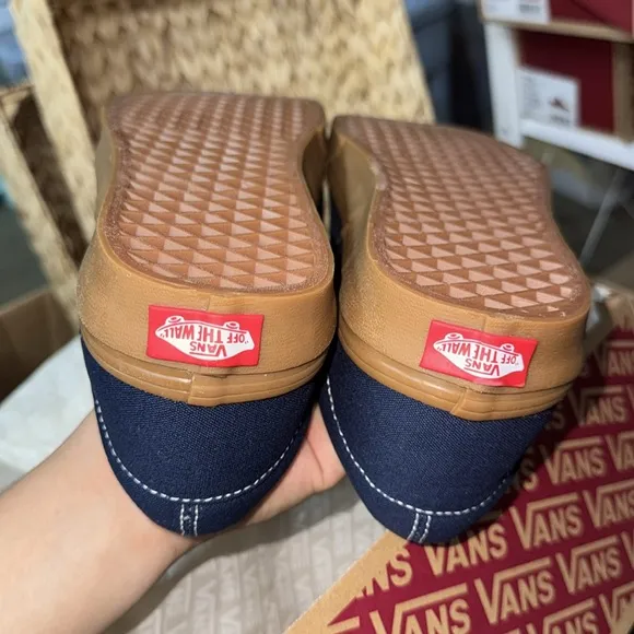 Navy and Red Sneakers with Brown Soles