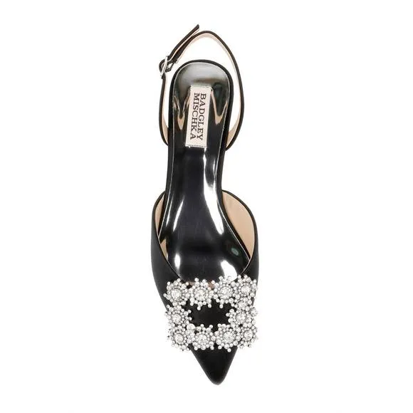 NEW BADGLEY MISCHKA saga crystal buckle pointed toe flats in black