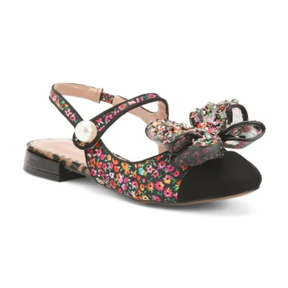 NEW BETSEY JOHNSON Livy Slingback Flats Black Ditsy Floral for women 367mn