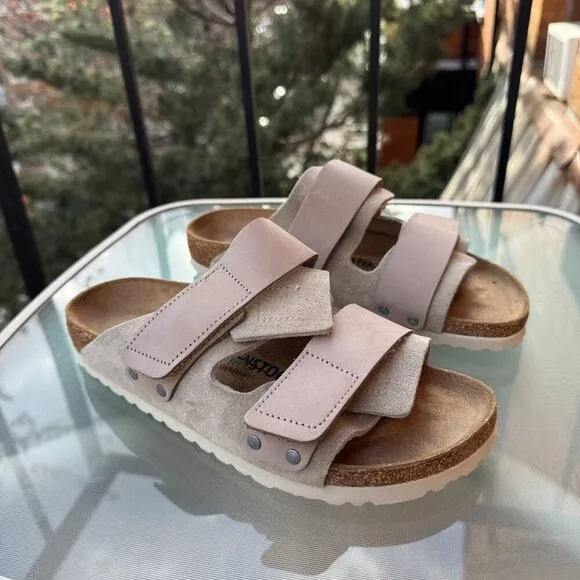 New Birkenstock Uji Nubuck Suede Leather Slide Sandals in Suede Taupe Tan