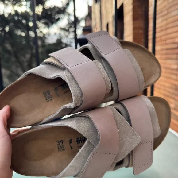 New Birkenstock Uji Nubuck Suede Leather Slide Sandals in Suede Taupe Tan