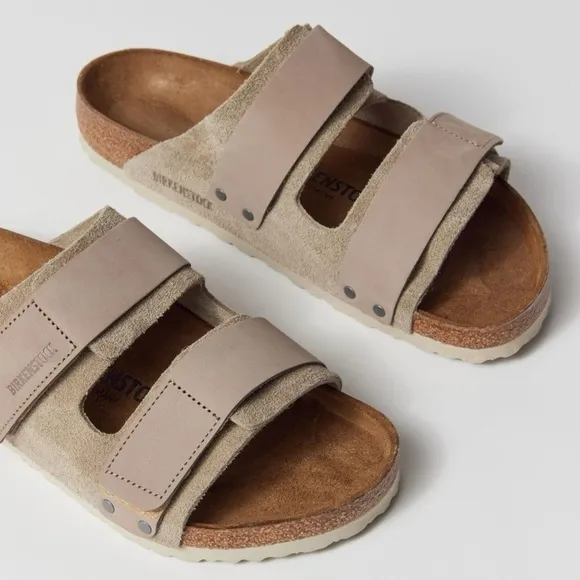 New Birkenstock Uji Nubuck Suede Leather Slide Sandals in Suede Taupe Tan