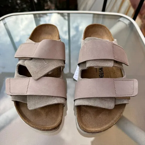 New Birkenstock Uji Nubuck Suede Leather Slide Sandals in Suede Taupe Tan