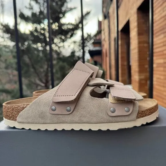 New Birkenstock Uji Nubuck Suede Leather Slide Sandals in Suede Taupe Tan
