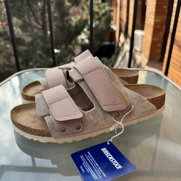 New Birkenstock Uji Nubuck Suede Leather Slide Sandals in Suede Taupe Tan