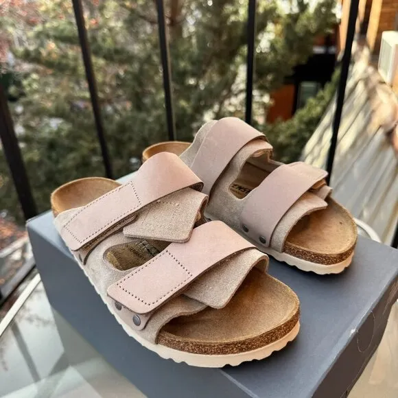 New Birkenstock Uji Nubuck Suede Leather Slide Sandals in Suede Taupe Tan