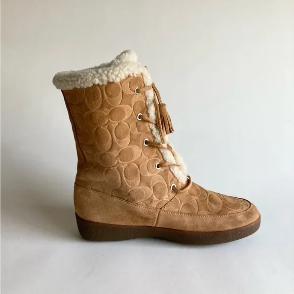 New Coach Tan Suede Shearling  Genuine Leather Mid Calf Lace Up Boots size 8
