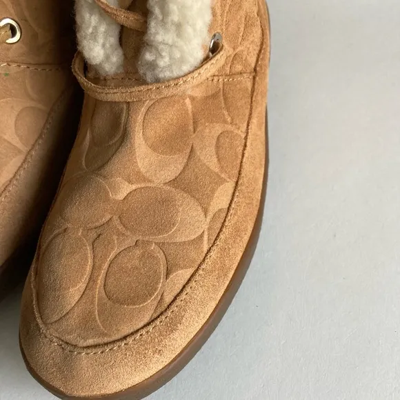 New Coach Tan Suede Shearling  Genuine Leather Mid Calf Lace Up Boots size 8