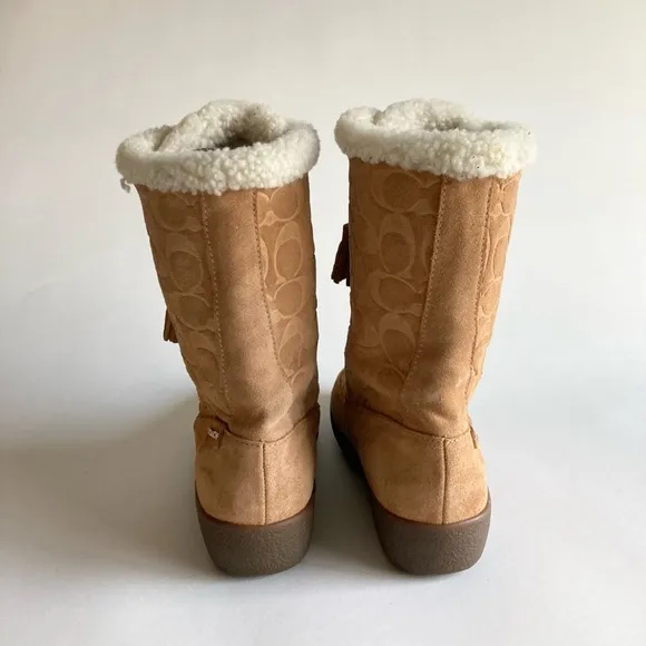 New Coach Tan Suede Shearling  Genuine Leather Mid Calf Lace Up Boots size 8