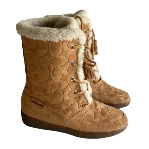 New Coach Tan Suede Shearling  Genuine Leather Mid Calf Lace Up Boots size 8