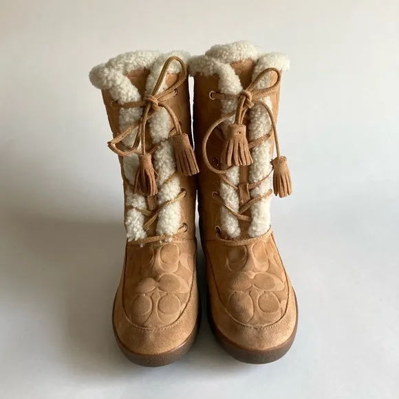 New Coach Tan Suede Shearling  Genuine Leather Mid Calf Lace Up Boots size 8