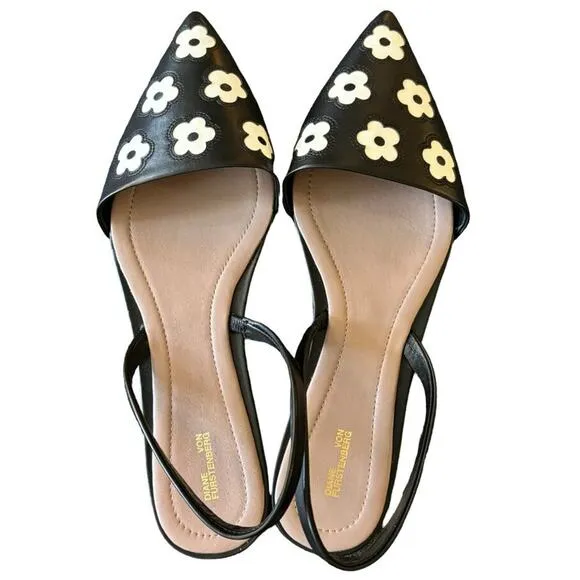 NEW DIANE VON FURSTENBERG Koko Point Toe Slingback Flats in Black Ivory SZ 7.5