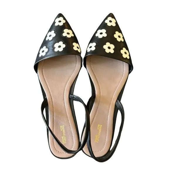 NEW DIANE VON FURSTENBERG Koko Point Toe Slingback Flats in Black Ivory SZ 7.5