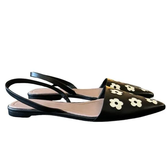NEW DIANE VON FURSTENBERG Koko Point Toe Slingback Flats in Black Ivory SZ 7.5