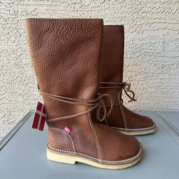 NEW DUCKFEET Silkeborg Sz 37 Leather Tall Boot Nut Brown Sheep Wool Wide Toebox