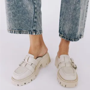 New Free People Buckle Lyra Leather Lug Croc Loafers Mules off white
