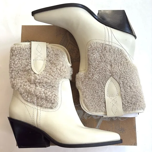 NEW Free People Leather Pitchfork Point Shearling Western Boots Size 8