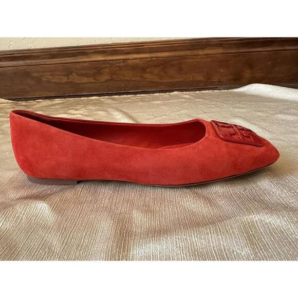 NEW ish Tory Burch Georgia Square Toe Silk Suede Triple Red Ballet Flat Sz 9 Box