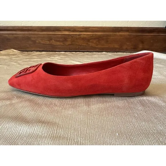 NEW ish Tory Burch Georgia Square Toe Silk Suede Triple Red Ballet Flat Sz 9 Box