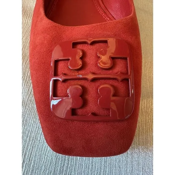 NEW ish Tory Burch Georgia Square Toe Silk Suede Triple Red Ballet Flat Sz 9 Box