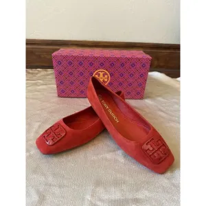NEW ish Tory Burch Georgia Square Toe Silk Suede Triple Red Ballet Flat Sz 9 Box