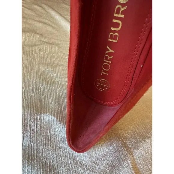 NEW ish Tory Burch Georgia Square Toe Silk Suede Triple Red Ballet Flat Sz 9 Box