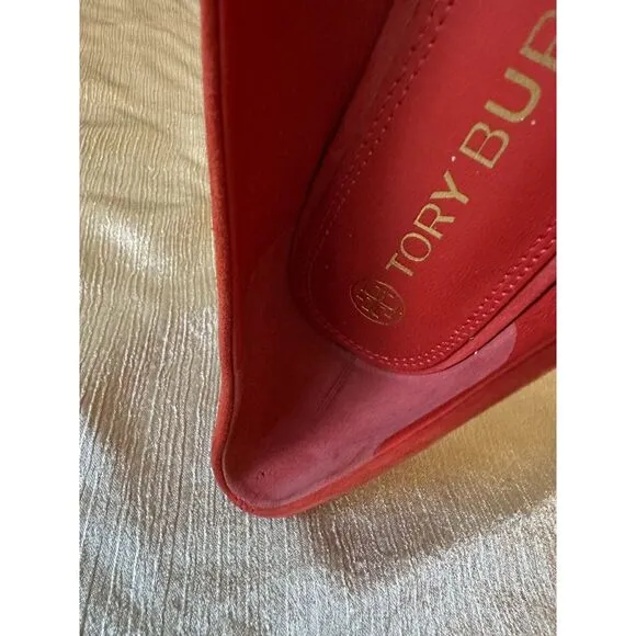 NEW ish Tory Burch Georgia Square Toe Silk Suede Triple Red Ballet Flat Sz 9 Box