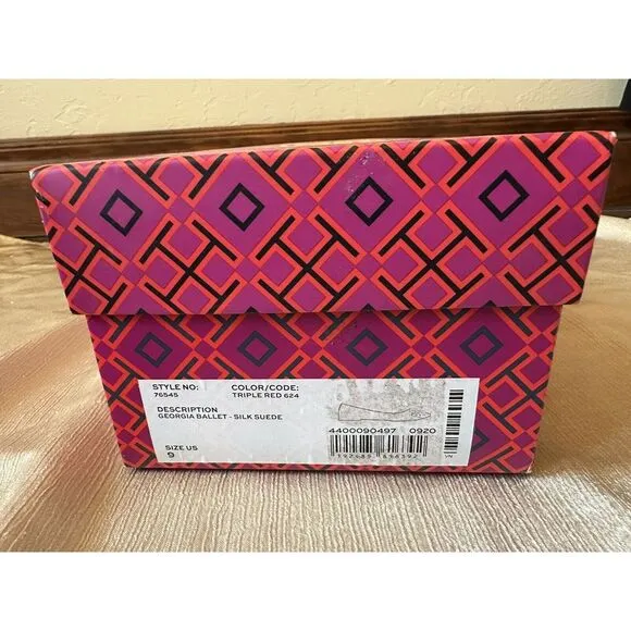NEW ish Tory Burch Georgia Square Toe Silk Suede Triple Red Ballet Flat Sz 9 Box