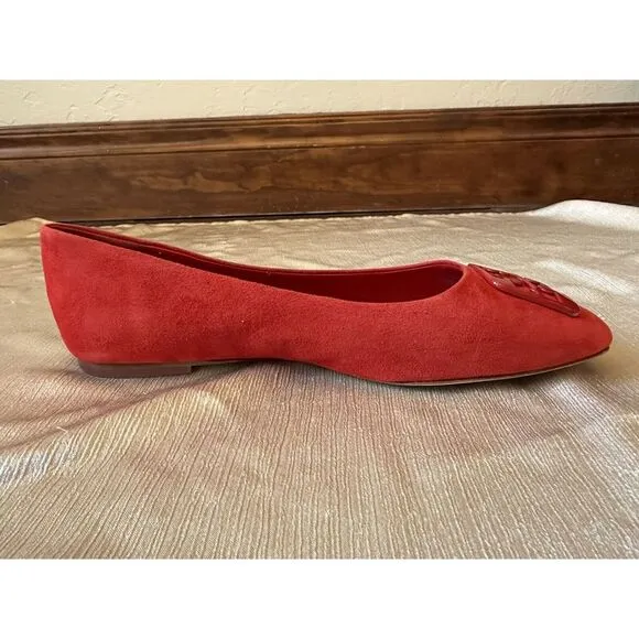 NEW ish Tory Burch Georgia Square Toe Silk Suede Triple Red Ballet Flat Sz 9 Box
