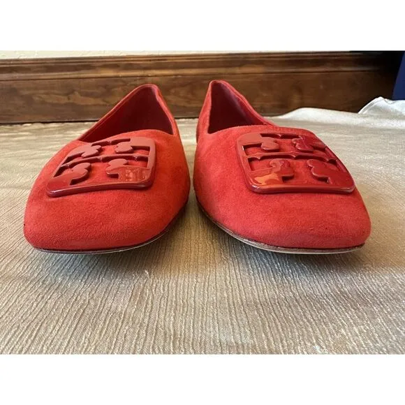 NEW ish Tory Burch Georgia Square Toe Silk Suede Triple Red Ballet Flat Sz 9 Box