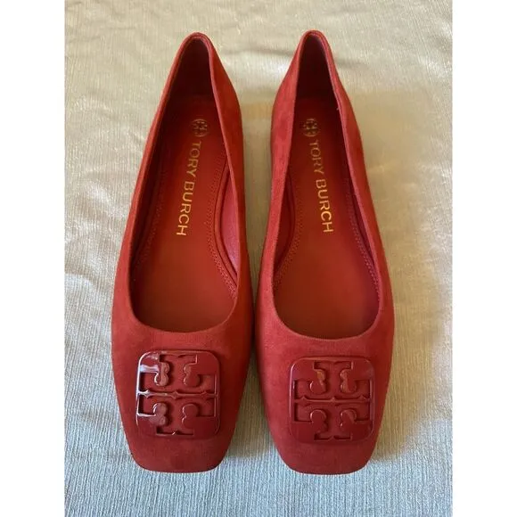 NEW ish Tory Burch Georgia Square Toe Silk Suede Triple Red Ballet Flat Sz 9 Box