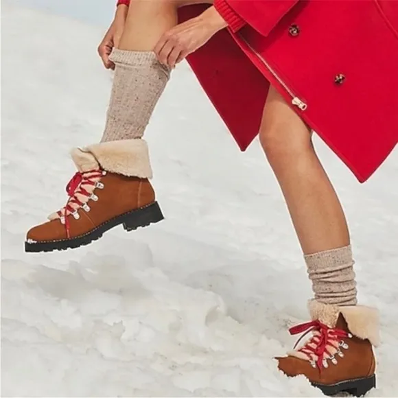 NEW J. Crew Nordic Shearling Leather Lace-Up Hiking Winter Snow Boots shoes