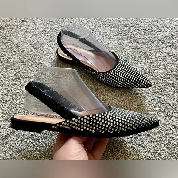 New J. CREW Size 8.5 Black Crystal Rhinestone Mules Stretchy Slingback Flats