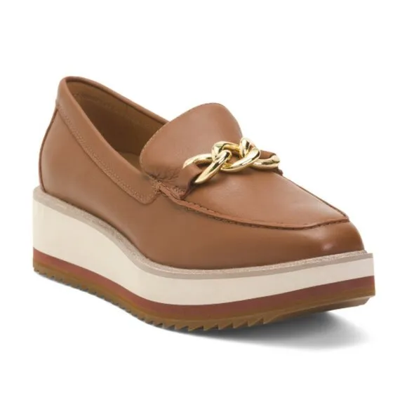 NEW JOHNSTON AND MURPHY Leather Gracelyn Chain Loafers cognac fo women 253