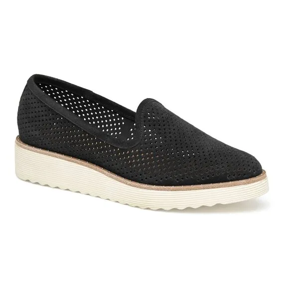 NEW JOHNSTON AND MURPHY Suede Mitzi Perforated Venetian Loafers black for women