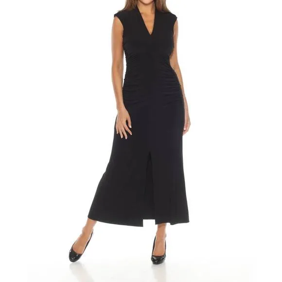 NEW JOSEPH RIBKOFF ruched v-neck high slit long dress in black
